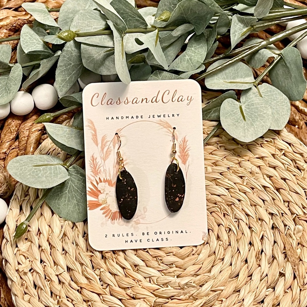 Oval Black earrings with rose gold foil and gold hooks